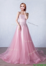 2016 Discount Strapless Applique Tulle Prom Dress with Brush Train