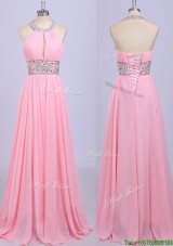 Gorgeous Halter Top Beading Evening Dress in Rose Pink