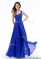 Latest Straps Chiffon Royal Blue Prom Dress with Hand Made Flowers