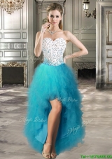 Lovely Teal and White Prom Dress with Beading and Ruffles