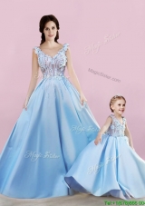 Sexy Deep V Neckline Applique Evening Dress in Baby Blue and New Style V Neck Little Girl Dress in Satin