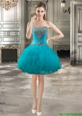 Unique Teal Short Prom Dress with Beading and Ruffles for Spring