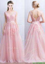 Lovely V Neck Applique and Belted Tulle Evening Dress in Baby Pink