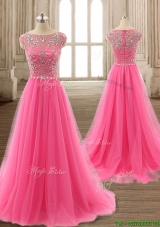 See Through Scoop Cap Sleeves Beading Evening Gown in Hot Pink