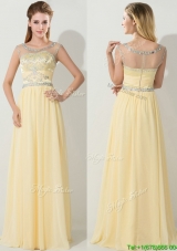 See Through Scoop Light Yellow Evening Dress with Beading
