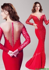 See Through Scoop Long Sleeves Lace Evening Dress in Red