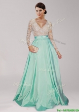 Sweet Deep V Neckline Beaded and Belted Evening Dress in Apple Green