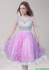 See Through Scoop Beaded and Laced Prom Dress in Knee Length
