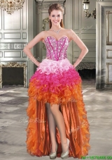 Discount Beaded and Ruffled Rainbow Prom Dress in Organza