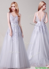 Exquisite V Neck Tulle Silver Prom Dress with Appliques and Belt