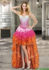 Gorgeous Rainbow High Low Prom Dress with Beading and Ruffles