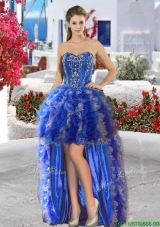 Inexpensive Applique and Ruffled Organza Prom Dress in High Low
