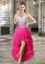 Modest High Low Hot Pink Prom Dress with Beading and Ruffles