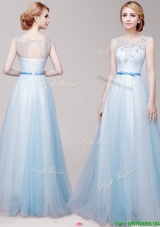 See Through Scoop Light Blue Prom Dress with Appliques and Bowknot