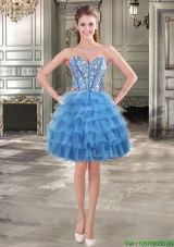 Visible Boning Beaded Bodice and Ruffled Layers Short Prom Dress in Blue