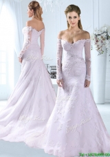 Lovely Off the Shoulder Brush Train Wedding Dress with Long Sleeves