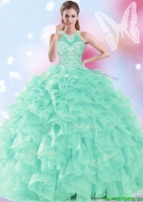 Discount Halter Top Beaded and Ruffled Quinceanera Dress in Apple Green