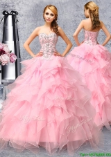 Popular Beaded and Ruffled Organza Quinceanera Dress in Rose Pink