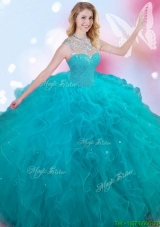 See Through High Neck Teal Quinceanera Dress with Beading and Ruffles