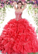 Sweet Ruffled and Beaded Red Quinceanera Dress in Organza