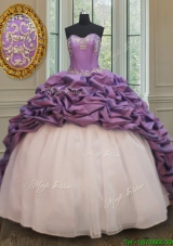 2017 Popular Organza and Taffeta White and Purple Quinceanera Dress with Court Train
