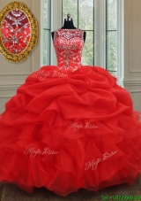 Luxurious See Through Bateau Bubble and Ruffled Red Quinceanera Dress in Organza