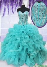 Cheap Visible Boning Aquamarine Quinceanera Dress with Beading and Ruffles