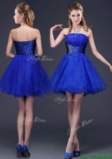 Romantic Strapless Beaded Organza Short Prom Dress in Royal Blue