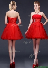 Wonderful Strapless Red Short Prom Dress with Beading and Ruching