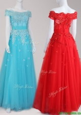 Perfect Off the Shoulder Cap Sleeves Tulle Prom Dress with Beading and Appliques