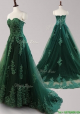 Cheap Applique and Beaded Brush Train Prom Dress in Dark Green