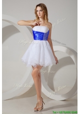 Gorgeous Beaded and Royal Blue Belted Short Prom Dress in White