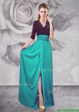 Half Sleeves V Neck Turquoise Prom Dress with Lace and High Slit