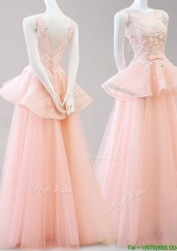 Latest Scoop Backless Peach Prom Dress with Belt and Appliques