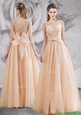 Lovely See Through Champagne Prom Dress with Appliques and Bowknot