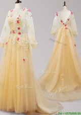 See Through Scoop Long Sleeves Applique Prom Dress with Brush Train