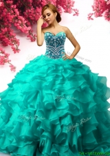 Exquisite Organza Turquoise Sweet 16 Dress with Beading and Ruffles