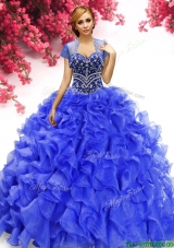 Popular Royal Blue Organza Quinceanera Gown with Beading and Ruffles