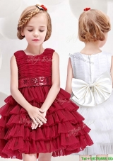 Simple Scoop Short Flower Girl Dress with Ruffled Layers and Bowknot