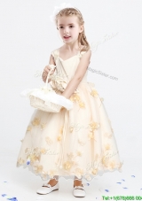 Lovely Applique and Bowknot Ankle Length Flower Girl Dress in Champagne