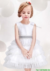 Low Price Ruffled Layers and Bowknot Scoop White Flower Girl Dress in White