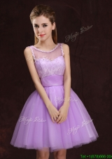 Simple See Through Scoop Tulle Laced Prom Dress in Lilac