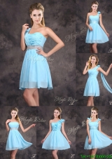 Best Selling Baby Blue Mini Length Bridesmaid Dress with Ruching