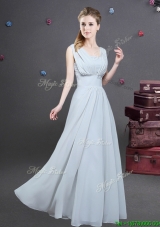 High End Empire Square Grey Long Bridesmaid Dress with Ruching