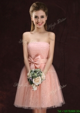 Romantic Strapless Bowknot Pink Bridesmaid Dress in Lace and Tulle