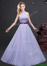 Classical Halter Top Long Bridesmaid Dress with Purple Belt and Ruching