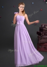 Sweet One Shoulder Lavender Bridesmaid Dress with Ruching and Handmade Flowers