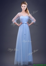 Vintage Empire Half Sleeves Light Blue Bridesmaid Dress in Tulle