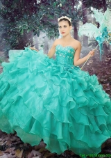 Western Theme 2017 Simple Sweetheart Turquoise Quinceanera Dress with Beading and Ruffled Layers