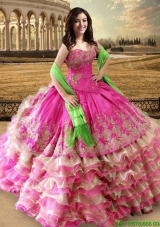 Discount Ruffled Layers Organza and Taffeta Quinceanera Dress in Hot Pink and Champagne